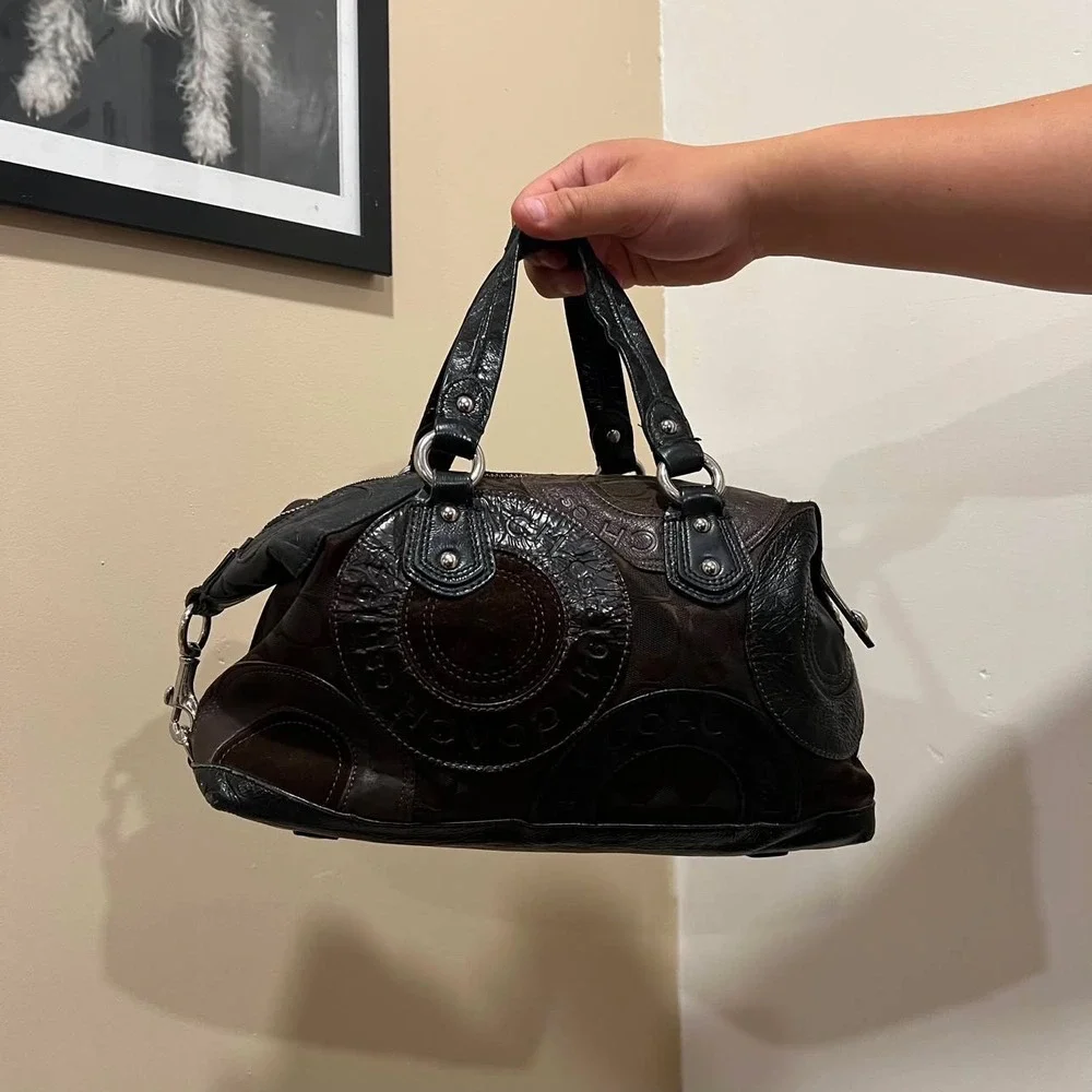 Coach Audrey Patchwork Satchel Bag Brown Black Leather Canvas F15474